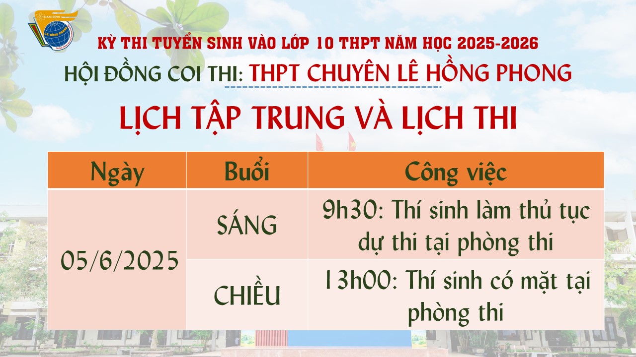 Lịch tập trung và Lịch thi Kỳ thi tuyển sinh vào lớp 10 THPT năm học 2025-2026 - Hội đồng coi thi: THPT chuyên Lê Hồng Phong 